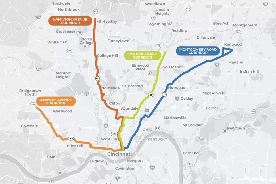 A map shows four proposed transit routes into and out of Cincinnati.